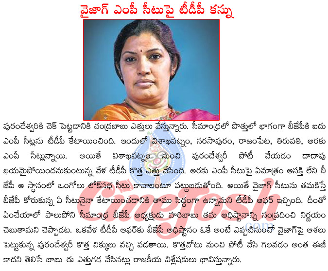 tdp alliance with bjp,vizag mp seat,chandrababu naidu,purendeshwari,ap politics,bjp ap head haribabu  tdp alliance with bjp, vizag mp seat, chandrababu naidu, purendeshwari, ap politics, bjp ap head haribabu